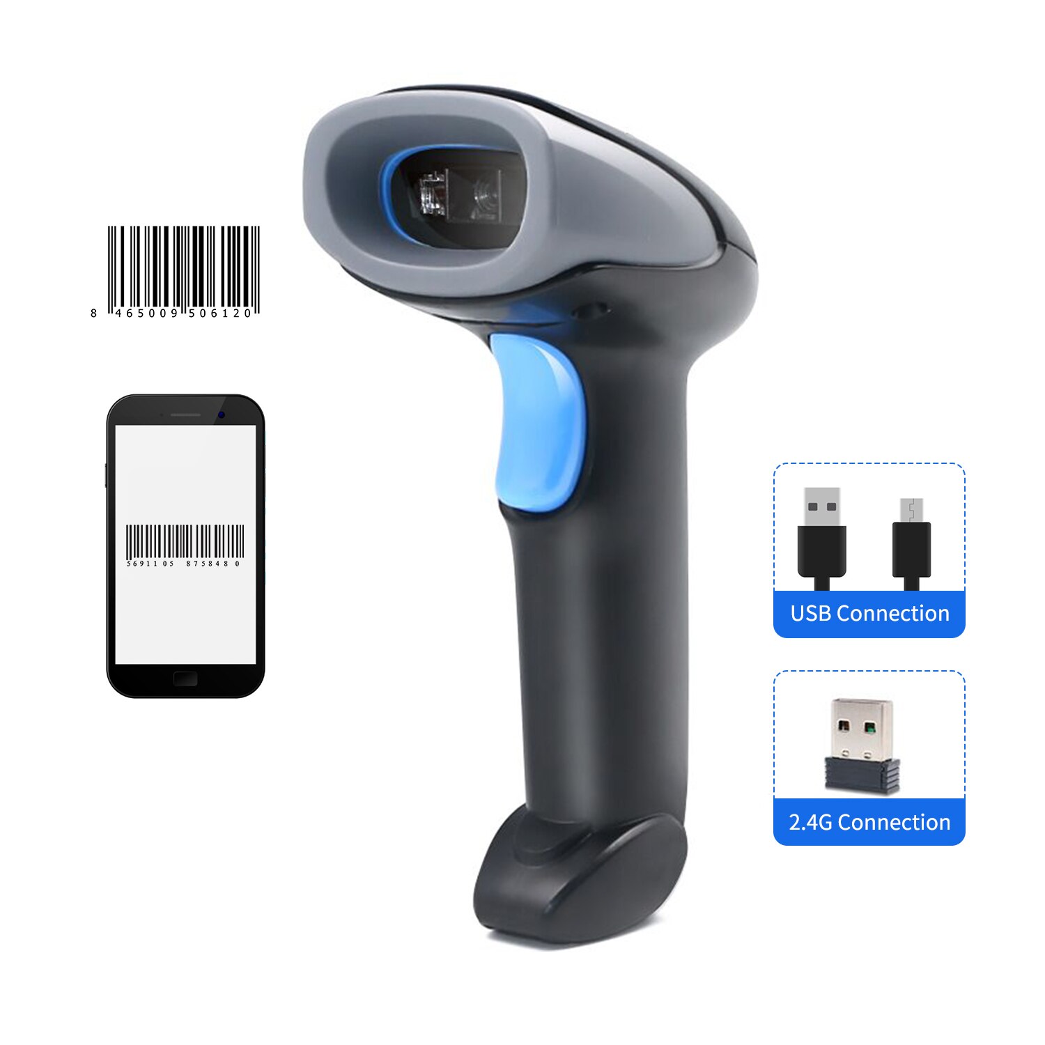 Aibecy Handheld Barcode Scanner 1D Code Scanner 2.4G Draadloze Usb Bedrade Bar Code Reader Voor Supermarkt Retail Bibliotheek Magazijn