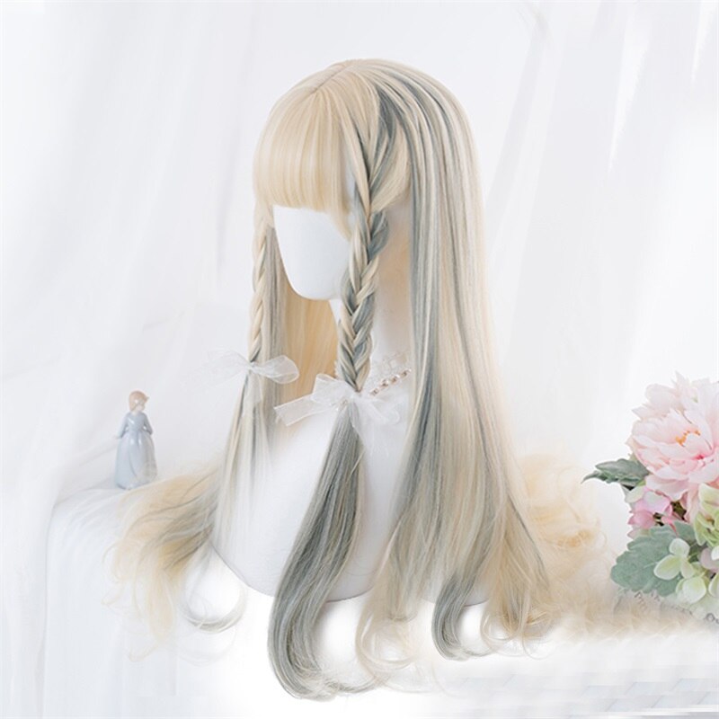 Cosplaysalon 67CM Blonde Mixed Ash Blue Ombre Long Wavy Bangs Cute Halloween Synthetic Hair Women Cosplay Wig