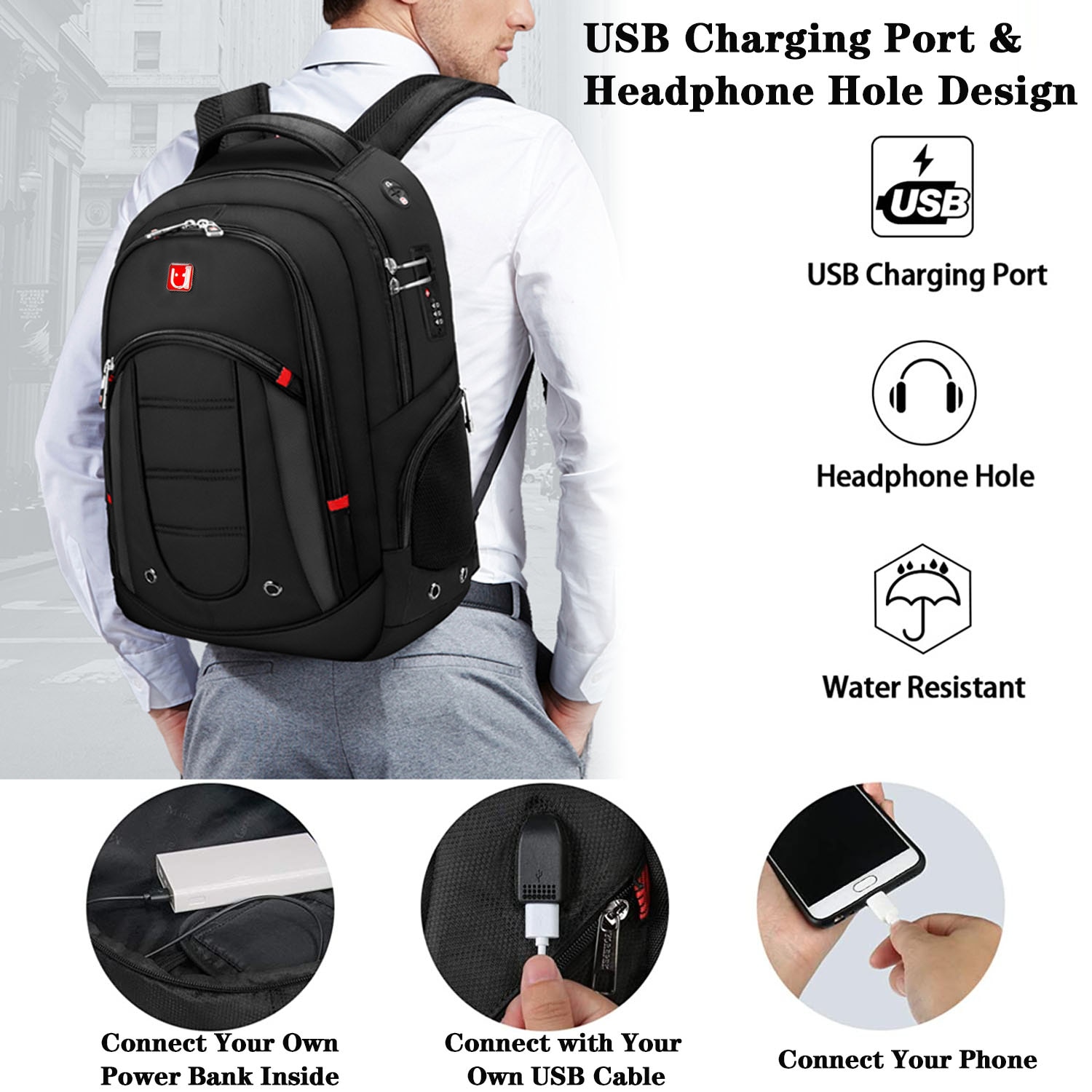 Mochila de viaje de negocios de gran capacidad para hombre, con bloqueo de código, carga USB, multicapa, bolsa para ordenador portátil de 15,6 pulgadas, bolsos escolares de