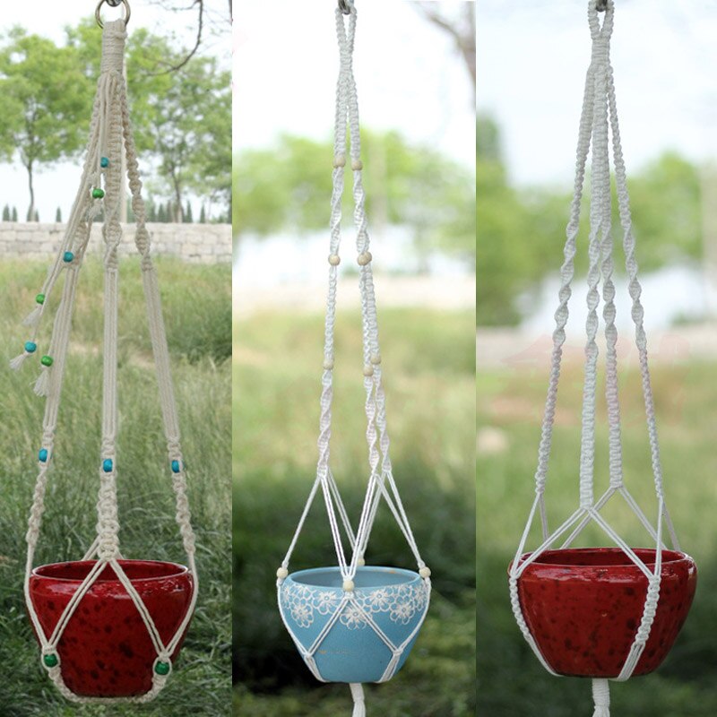 Green garden flower pot cotton rope hanging basket... – Grandado