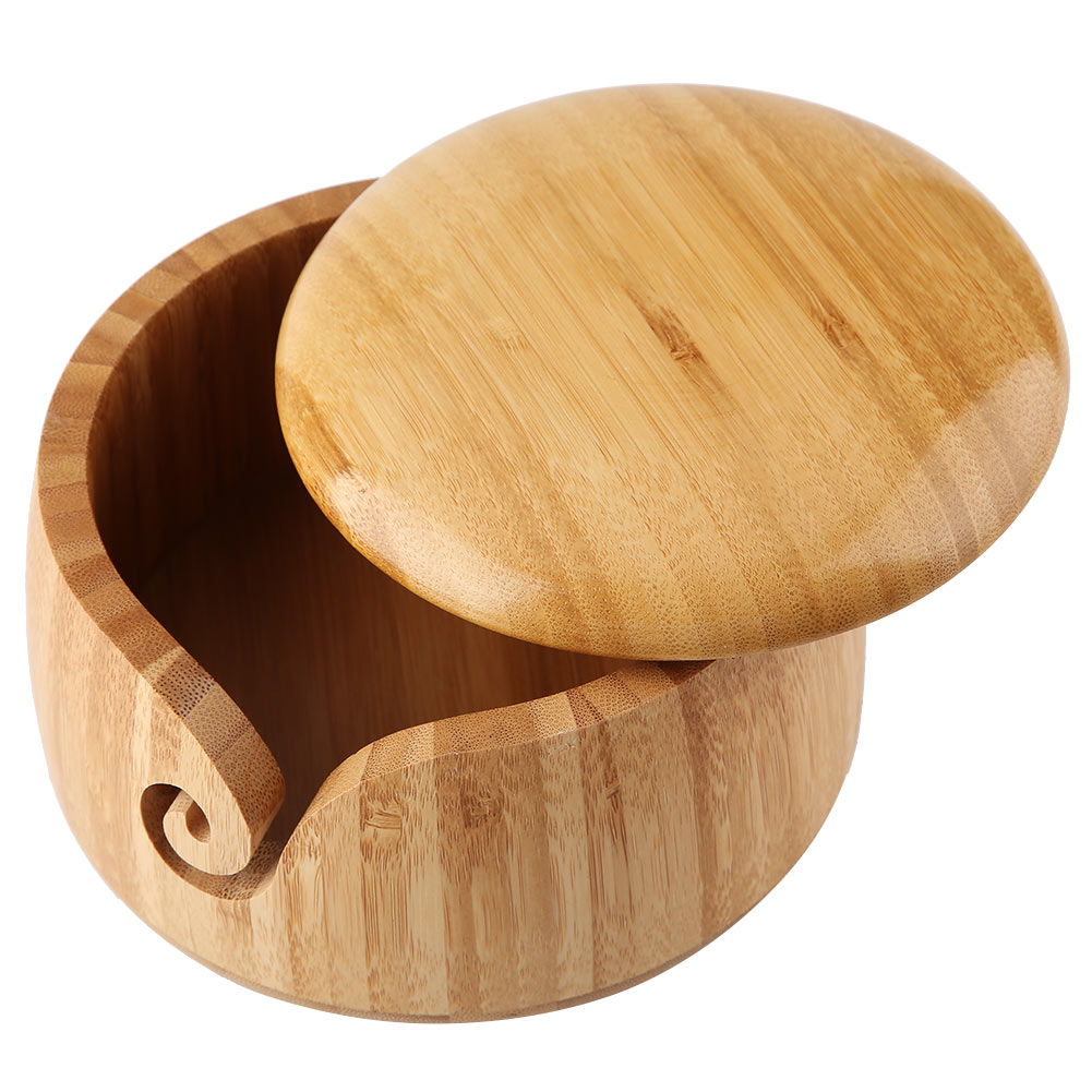 Tre bambus garn bolleholder med lokk til garnnøster strikking hekle hjem 15 x 15 x 9cm