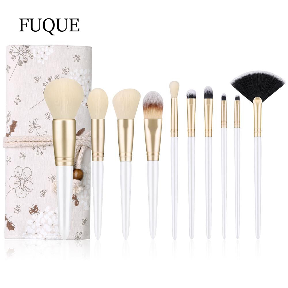Unique 10Pcs Makeup Brushes Set With Bag White Wooden Handle Soft Bionic Wool Hair Powder Foundation Eyeshadow Brushes Set