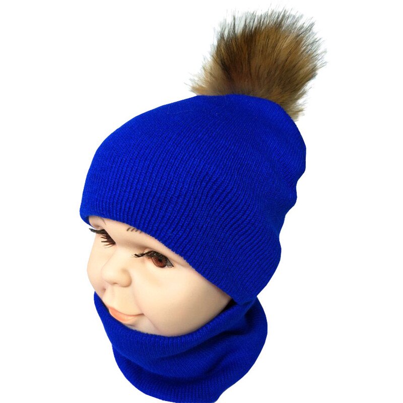 Efterår vinter børn tørklæde hat sæt drenge piger forår varm halstørklæde børn kasket sæt pompon bolde baby hat tørklæde: Blåt sæt med en bold