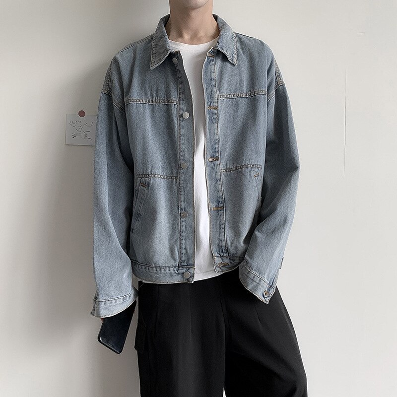 Retro tooling denim jacket men's spring autumn casual student loose jacket mens clothing trends distressed denim jacket: M