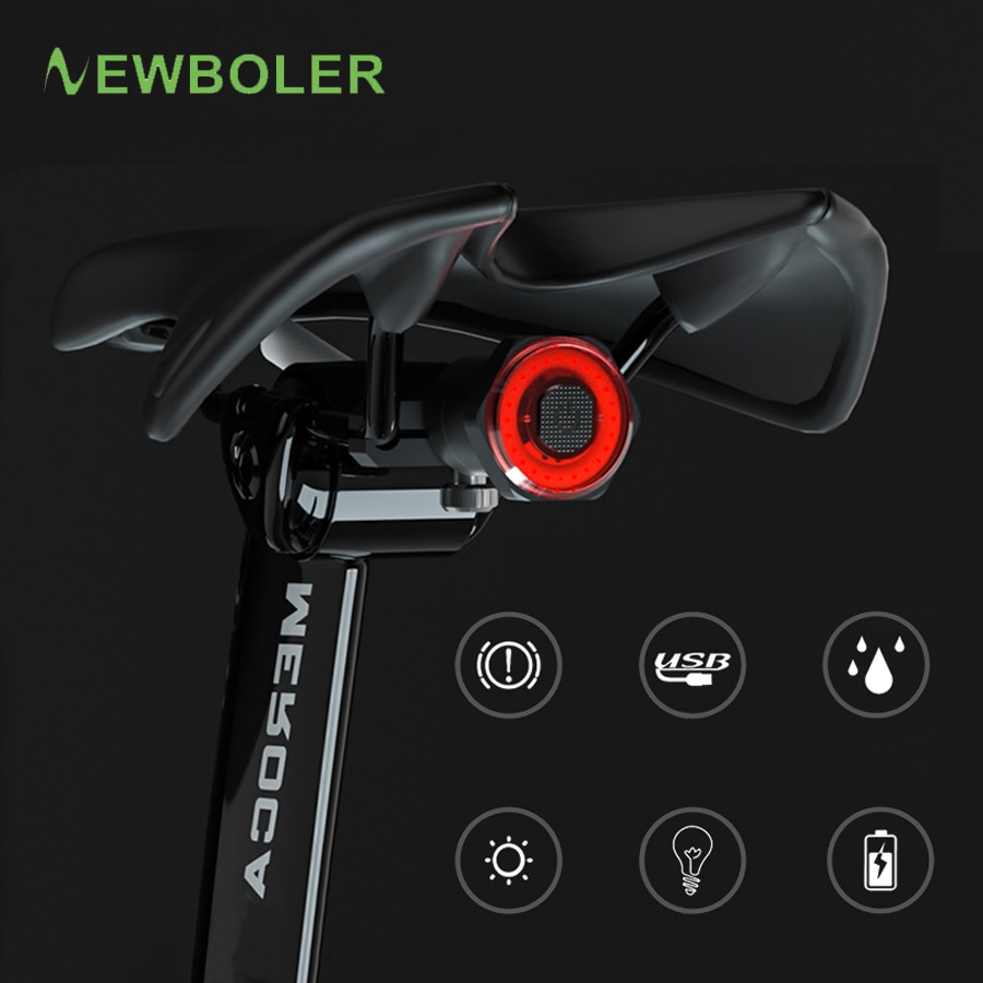 NEWBOLER-Luz LED trasera para bicicleta de montaña, faro de luz LED de encendido y apagado automático con 24 horas de duración, resistente al agua para bicicleta de montaña