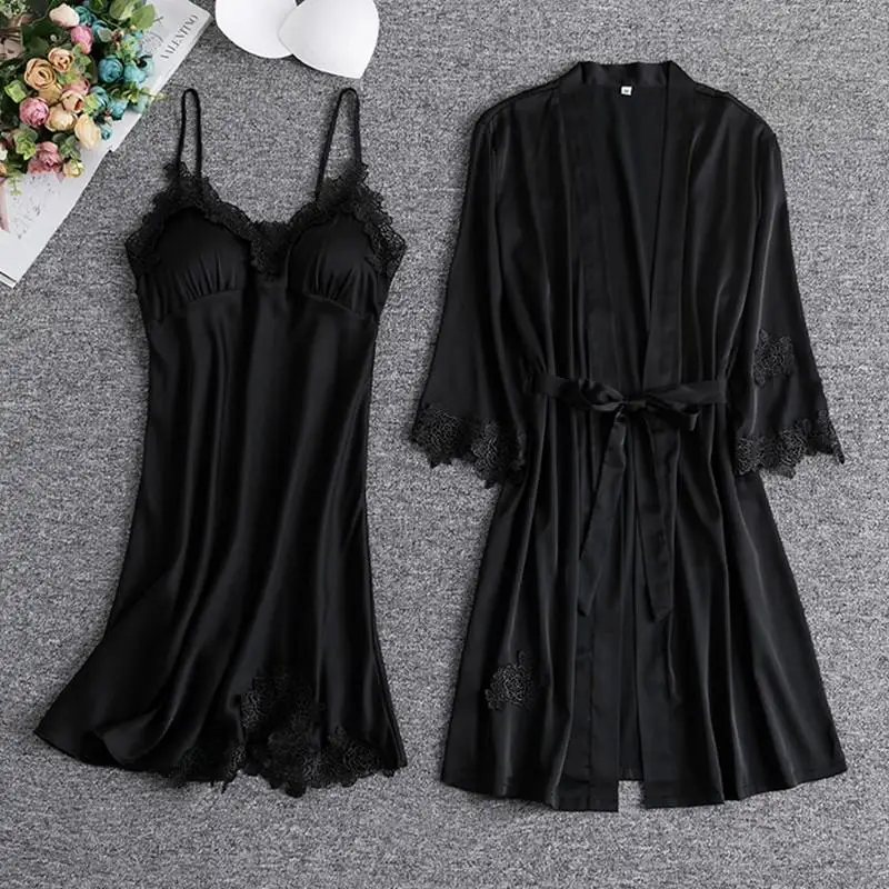Weiße Spitze Braut Brautjungfer Hochzeit Kleid einstellen Frauen Sommer Nachtwäsche Kimono Bademantel Kleid verlieren lässig Schlaf anzug sexy Heimat Kleid: M / dunkel Grau