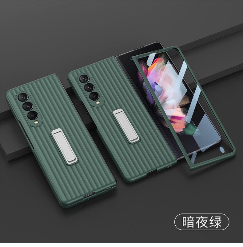 Luxury Suitcase Phone Case for Samsung Z Fold3 fold 3 5g Case With Phone Holder Bracket Tempered Glass Protective Case Funda: Green