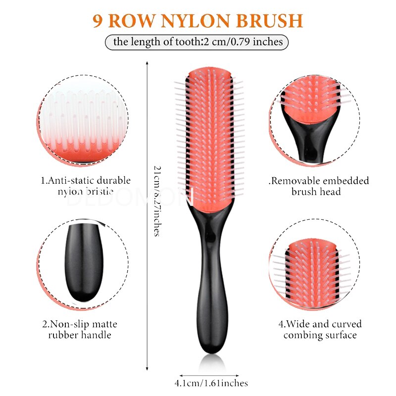 Hair Comb 9-Row Detangling Hair Brush Rat Tail Comb Styling Hairbrush Straight Curly Wet Hair Scalp Massage Brush Women