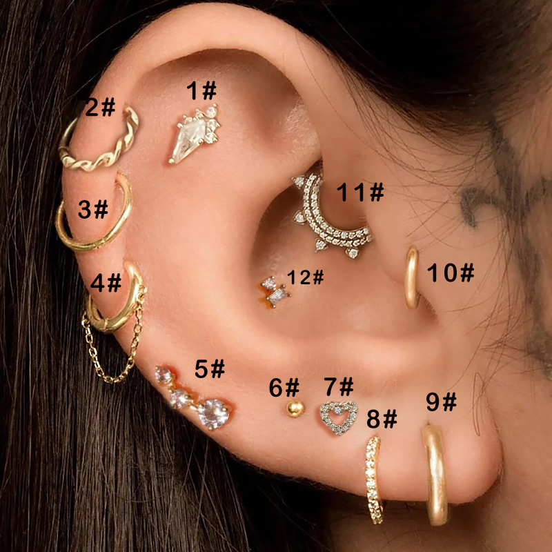 Piercing Hoop Earring for Women Rook Lobe Cartilage Heart Ear Percing Tragus Helix Chain Earring Stainless Steel Jewelry CC149: GRAY / Light Yellow Gold Color