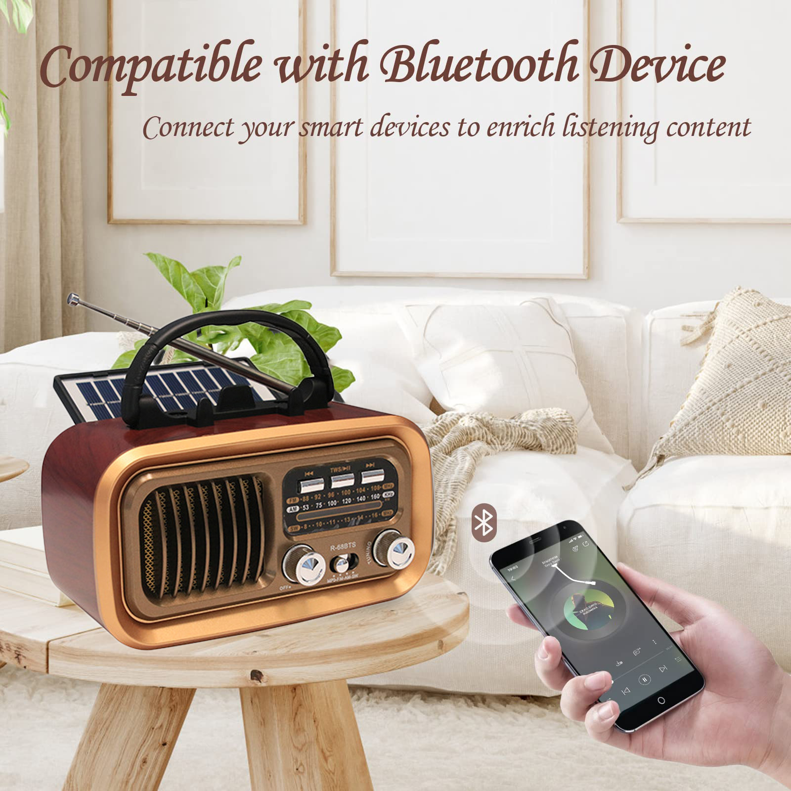 Tragbares DSP-Radio, klassische Vintage-FM-AM-SW-Radios, kabelloser Retro-Solar-Bluetooth-Lautsprecher, USB-Musik-Player, abnehmbarer Akku