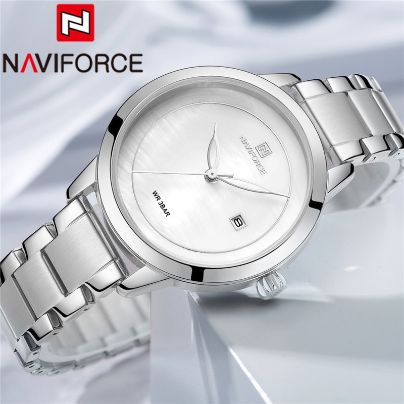 NAVIFORCE Mode Vrouwen Horloge Top Luxe Zilveren Dames Horloge Roestvrij Staal Armband Classic Datum Vrouwelijke Klok 5008