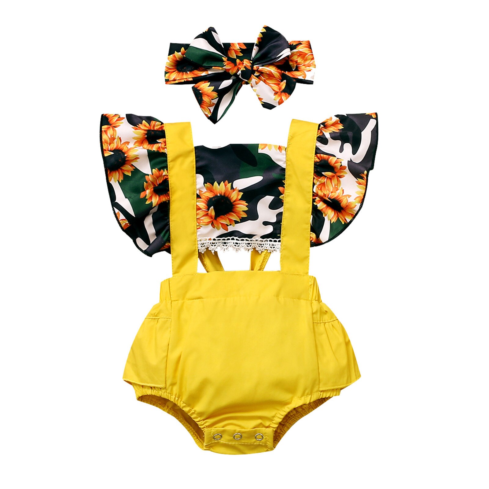 Vêtements pour bébés filles, -né, body à volants, imprimé Floral, vêtements pour enfants, combinaison mignonne, ensembles tête,: YELLOW / 100