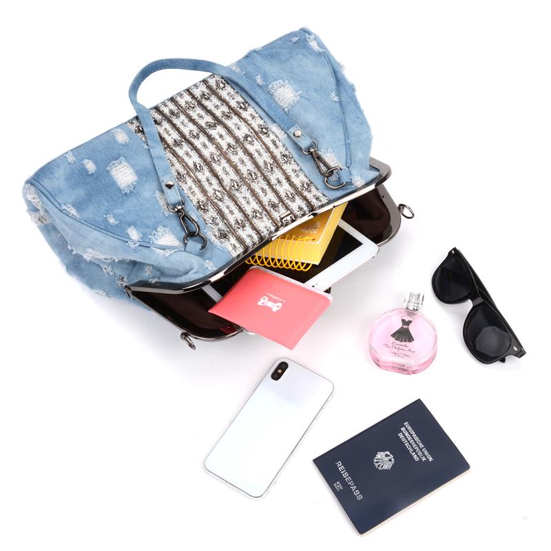 Denim strass cristal femmes sac à main poignée supérieure papillon décoration Patchwork sacs femmes sac à bandoulière embrayage