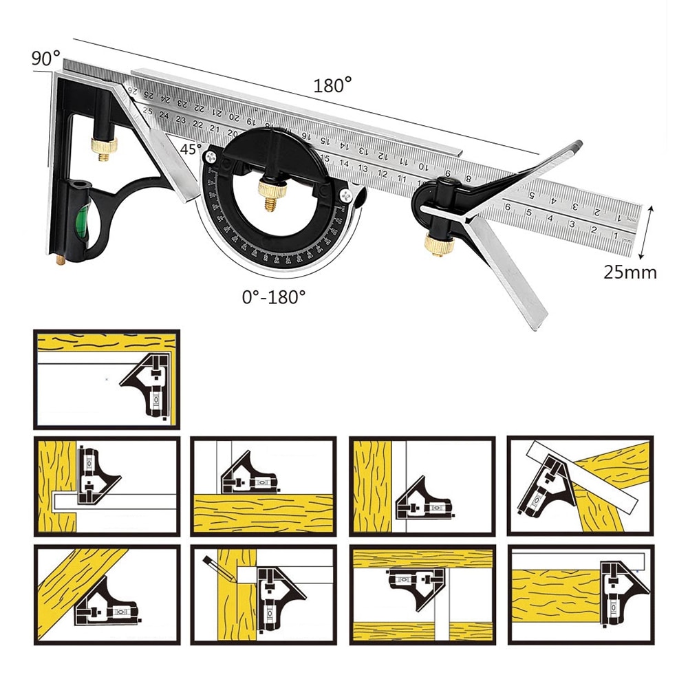 NICEYARD Right Angle Ruler Angle Finder Protractor Measuring Set Tools Universal 300mm/12" 3 in 1 Multi Combination Square Set
