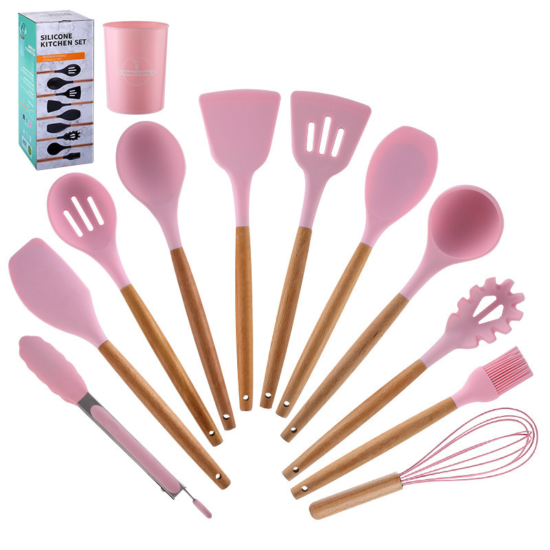 Rosa matlagningsredskap silikonredskap med trä multifunktionshandtag non-stick spatel slev äggvispar spade