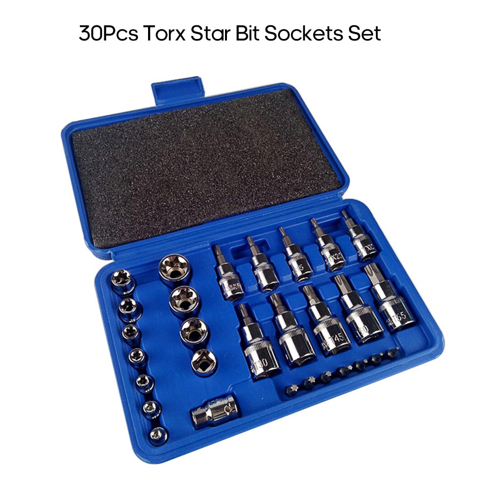 30Pcs Male Female Torx Star Socket Bit Set E & T Sockets Torx Bit Set 1/4 3/8 1/2 inch Drive Torx Socket Set with Storage Case