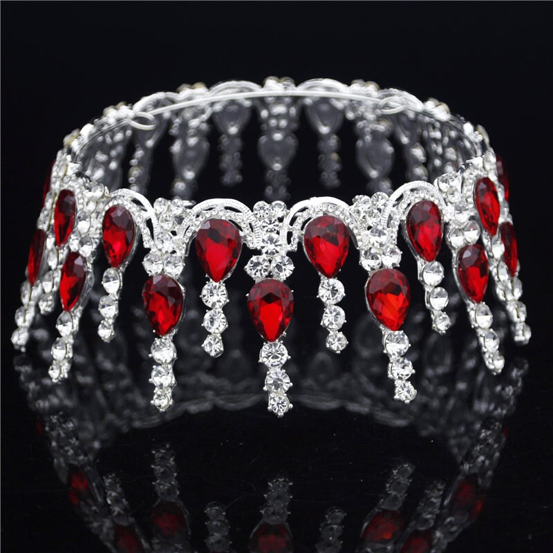 Wedding Tiara Crown - Round Rhinestone Bridal Headpiece - Gold & Silver Plated Zinc Alloy: Silver Red