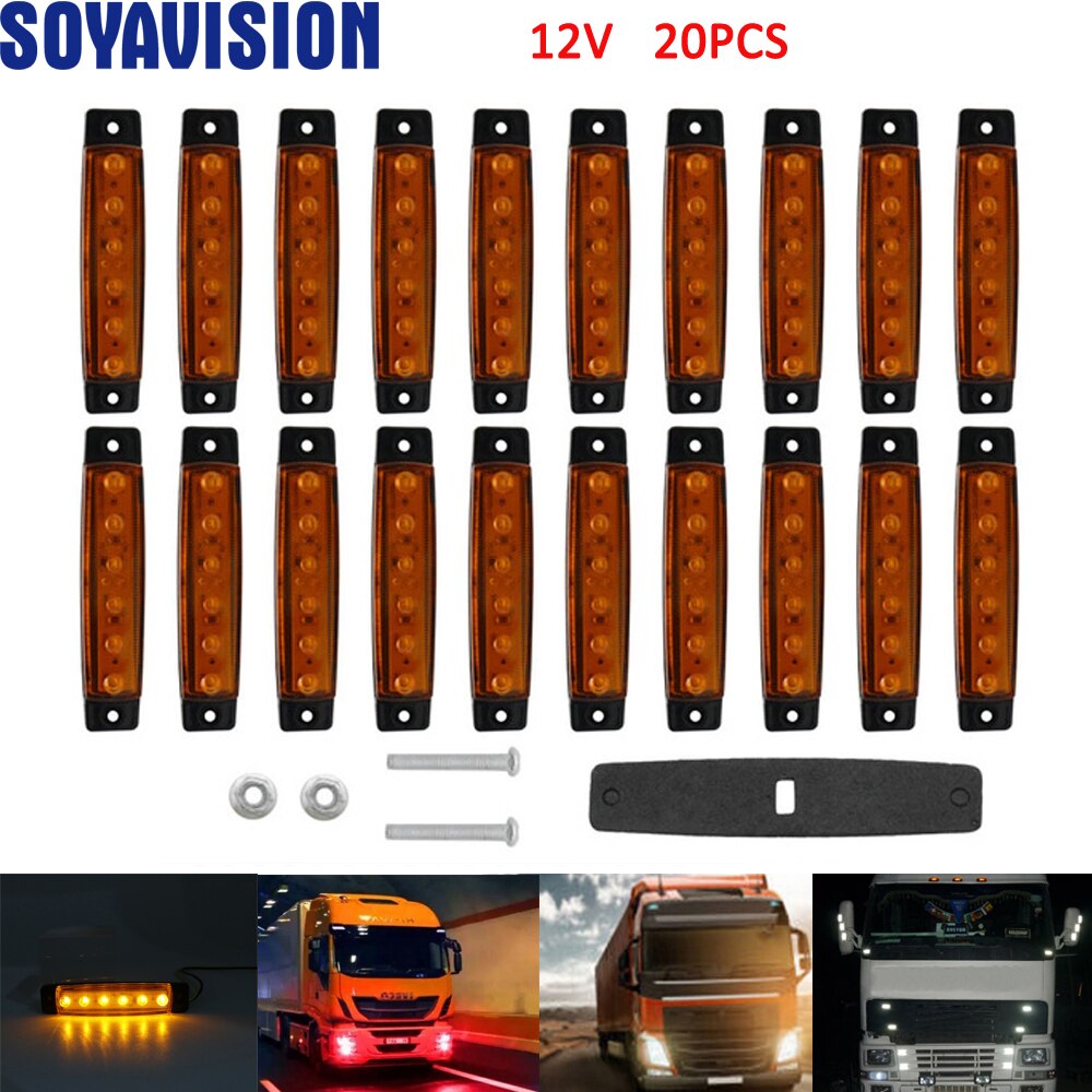 12V 20pcs 6 LED Truck Lorries Bus Clearance Side Marker Indicators Light Lamp Amber