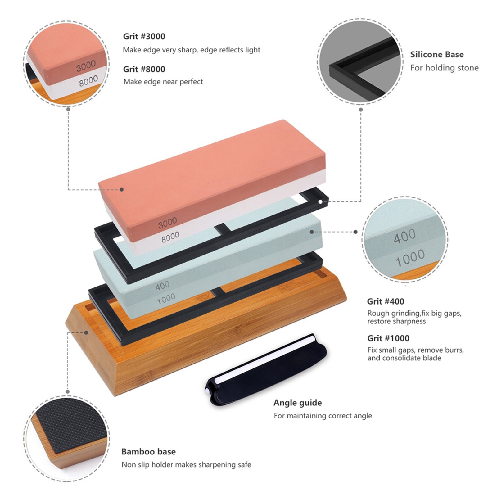 400/1000 3000/8000 Grit Slijpsteen Dubbelzijdig Slijpsteen Cut Set Met Antislip Bamboe Basis En Gratis Hoek gids: C