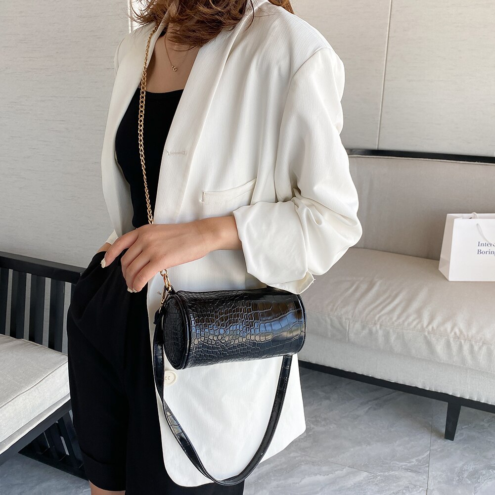 Bolso cruzado con forma de cilindro a la para mujer, Mini bolsa de hombro con cadena, de piel de cocodrilo, informal,