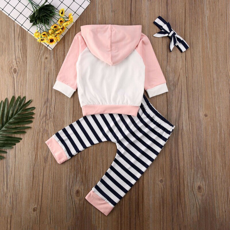 Appena nato Del bambino Della Ragazza 3pz Vestiti impostato con Cappuccio A Maniche Lunghe Magliette e camicette Felpa A Righe Pantaloni Della fascia abiti Abbigliamento