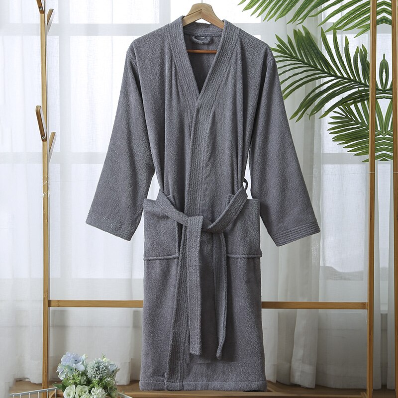 100% Cotton Bathrobe for Men Long Thick Absorbent Terry Bath Robe Kimono Men Towel Bathrobe Plus Sleepwear Women Dressing Gown: XL / GRAY