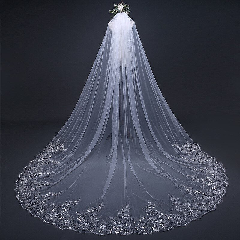 Voile de mariée pas cher longue Applique Sequin perlé dentelle bord voile blanc/ivoire voile de mariage avec peigne cathédrale 1 couche 3 mètres de largeur