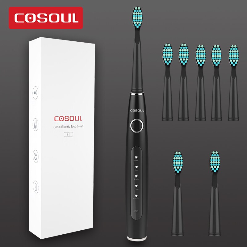 Sonic Electric Toothbrush Rechargeable Waterproof Toothbrush 11 Heads 5 Modes Protect Teeth: Black5Heads