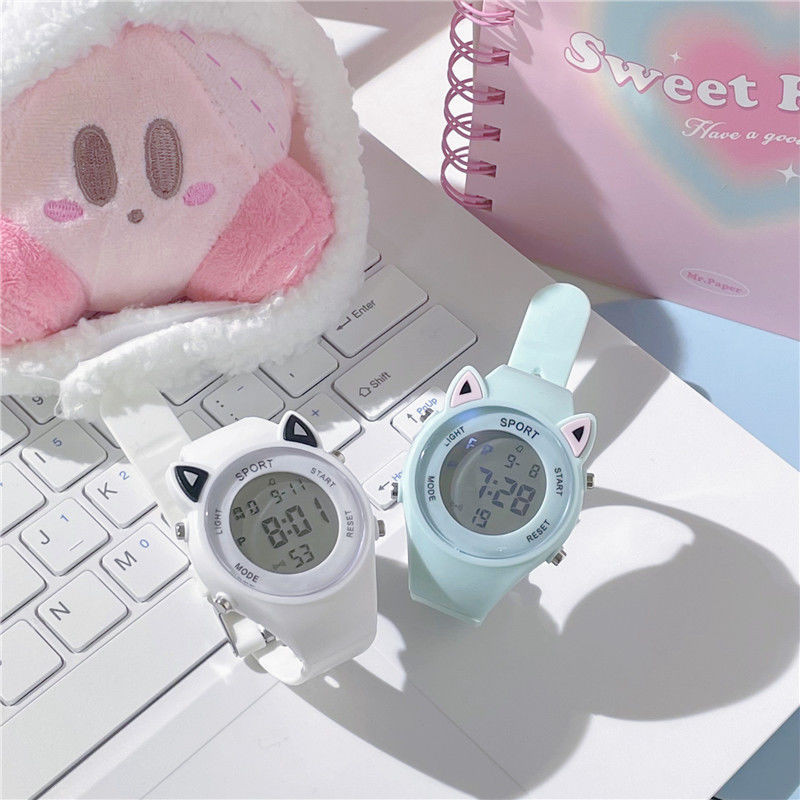 【Reloj + pulsera】Conjunto de pulsera electrónica de unicornio deportivo multifuncional de silicona con oreja de gato para niños: Verde