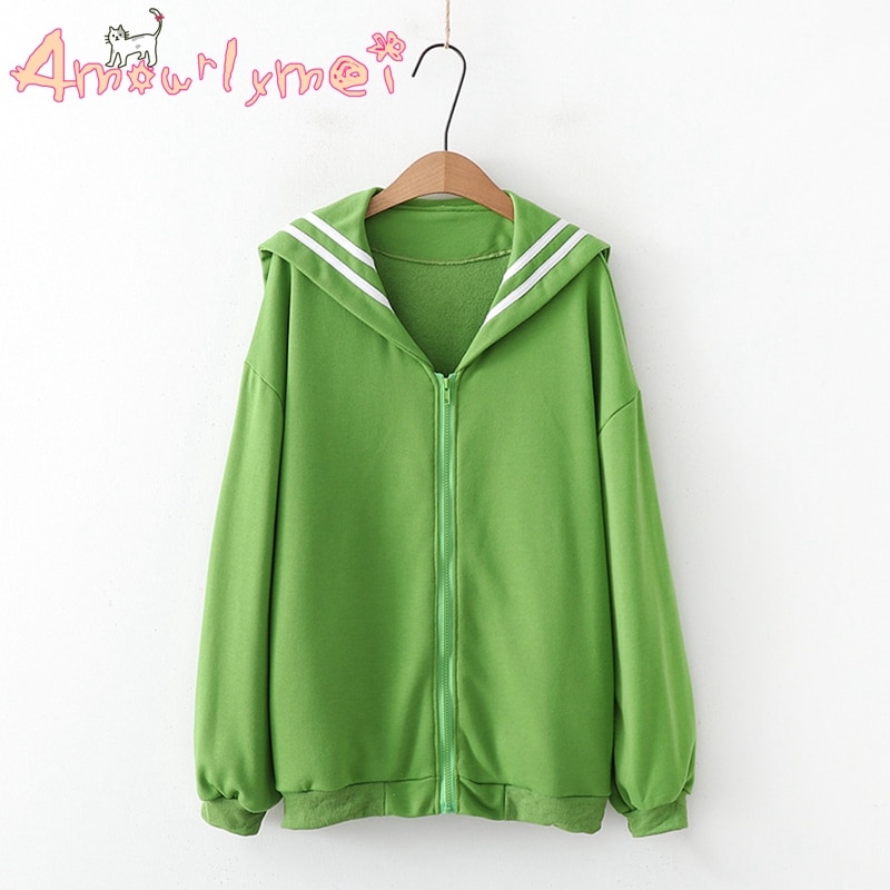 Japanese Preppy Style Autumn Women Jacket Mori Girl Kawaii Cotton Sailor collar Loose Long Sleeve Casual Coat Female Outerwear