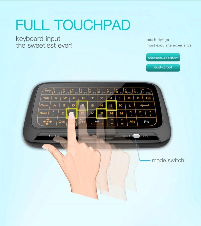 H18 + 2.4GHz mini wireless keyboard, backlit touchpad, air mouse, full touch version, rechargeable keyboard remote control