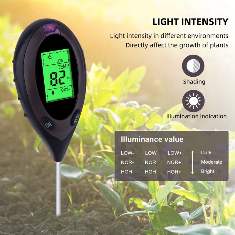 Soil PH Meter 4 in 1 Soil Temperature Solar Moisture PH Meter Tester for Garden Plants Flowers LCD Display
