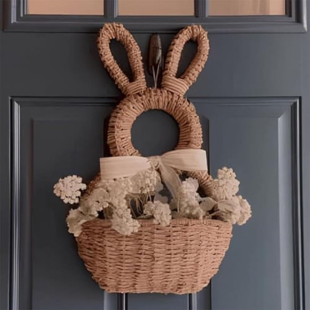 Hand Natural Woven Bunny Easter Basket Wall Hanging Happy Easter Bunny Basket Wall Pocket Hanging Wall Pocket Spring Decor