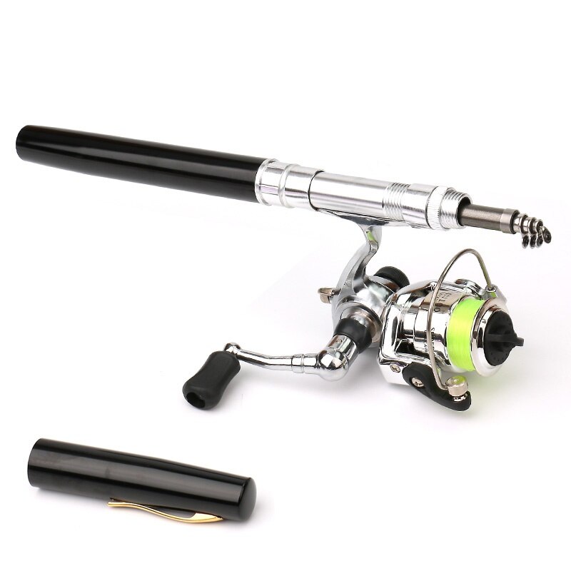Portable Pocket Mini Fishing Combo Metal Rod +Spinning Reel Wheel Telescopic Fishing Pole Pen Shape Foldable With Box: Black