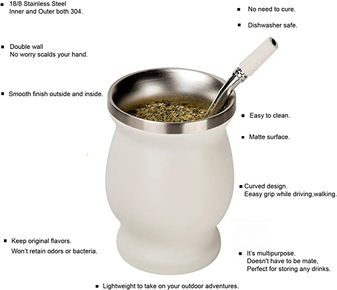 Yerba mate græskar sæt dobbeltvægget rustfrit stål mate te kop og bombilla sæt inkluderer yerba mate græskar (kop) med en bombilla: Hvid