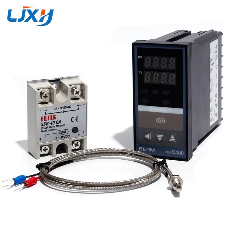 LJXH Dual Digital PID Temperature Controller Set REX-C400 + 25DA/40DA/75DA Solid State Relay + 1m M6 Thread K Thermocouple