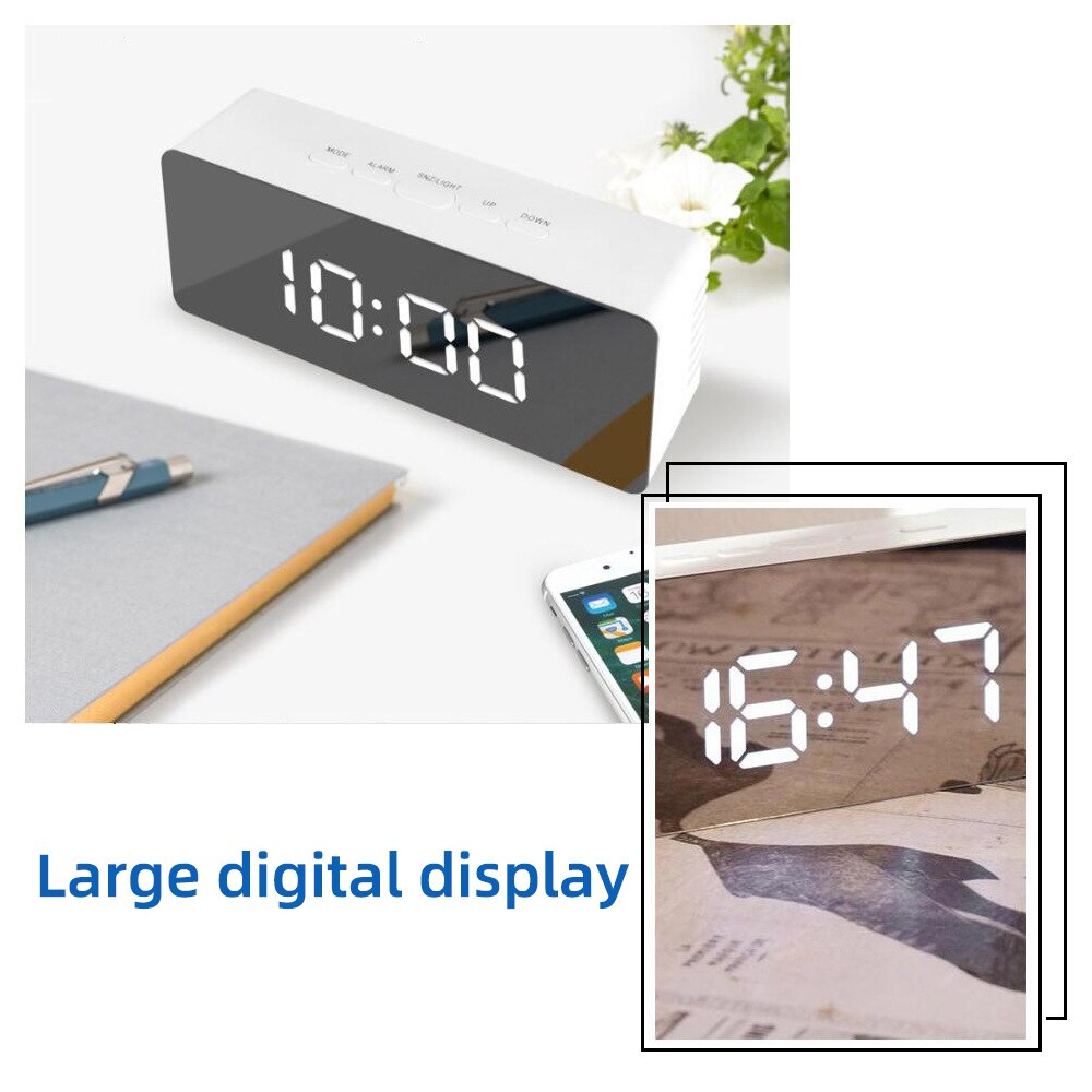 Ledet digital speilvisning alarmklokke temperaturkalender slumre-funksjon vekkerklokke med usb-skrivebordsklokker
