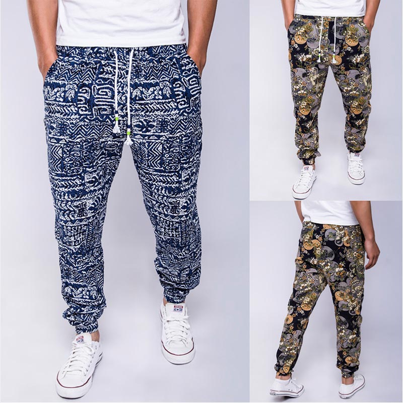 Hawaiian Mannen Bloemenprint Katoen Linnen Lange Harembroek Blauw Koortjes Zakken Man Broek Zomer Streetwear Joggers Mannelijke