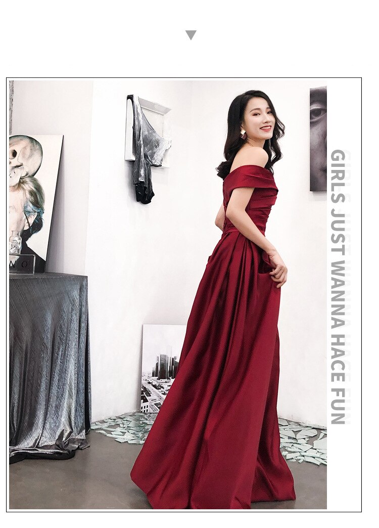 Vestido largo de noche para mujer, prenda con hombros al descubierto, temperamento Noble, talla grande, vino tinto, tostado, novia, Reunión Anual