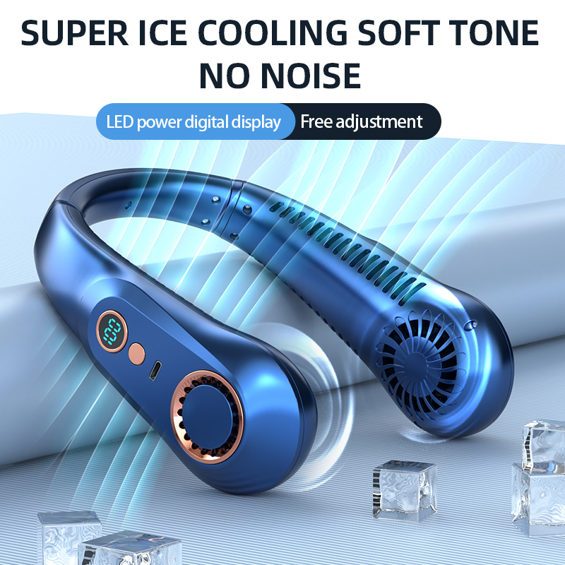 3000mAh ventilateur de cou suspendu Portable sans lame Mini USB Rechargeable muet LED affichage numérique ventilateur électrique refroidisseur d'air d'été ﻿: Bleu marine