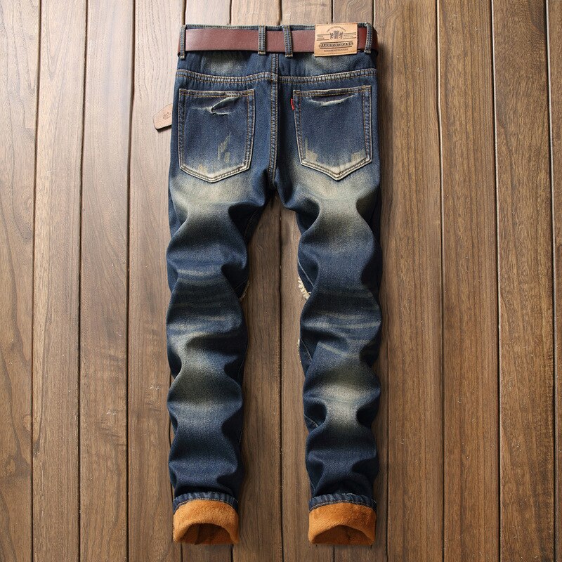 Mannen Winter Warm Ripped Jeans Broeken Fleece Vernietigd Denim Broek Dikke Thermische Verontruste Jeans Patchwork