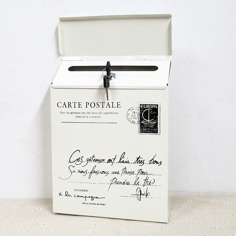 Iron Lock Letter Box Vintage Wall Mount Mailbox Mail Postal Letter Newspaper Box GR5: White