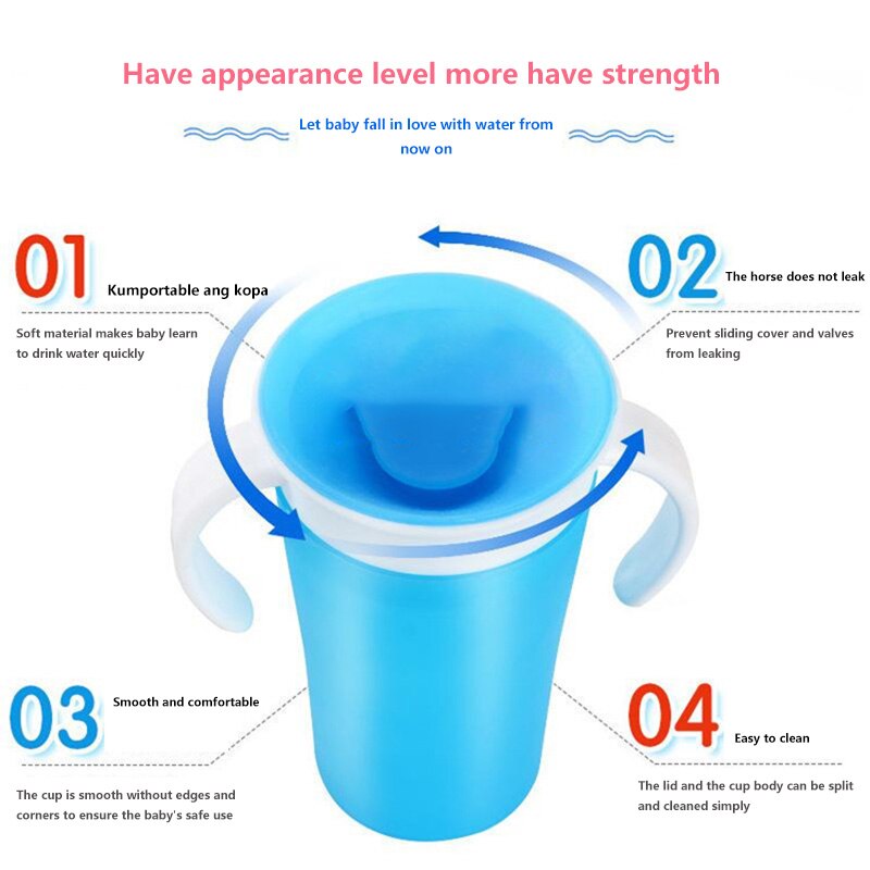 240ml babybekers, magische beker voor baby's, drinkbeker, waterbekers, dubbele handgreep, lekvrije melkfles met klapdeksel, 360 graden