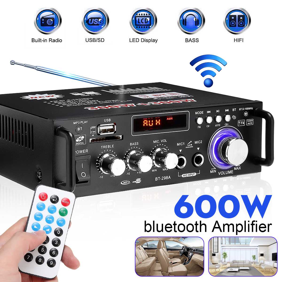 600W Home Amplifiers Audio Bluetooth Amplifier Home Subwoofer Amplifier Car Theater Sound System Mini Amplifier Audio Stereo
