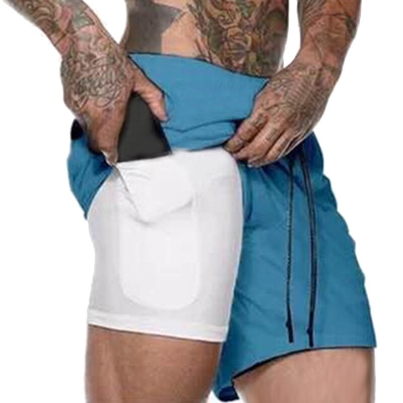 Yeni yaz erkek şort telefon iç cep koşu spor spor şort çabuk kuruyan Fitness pantolonları (mavi XL)