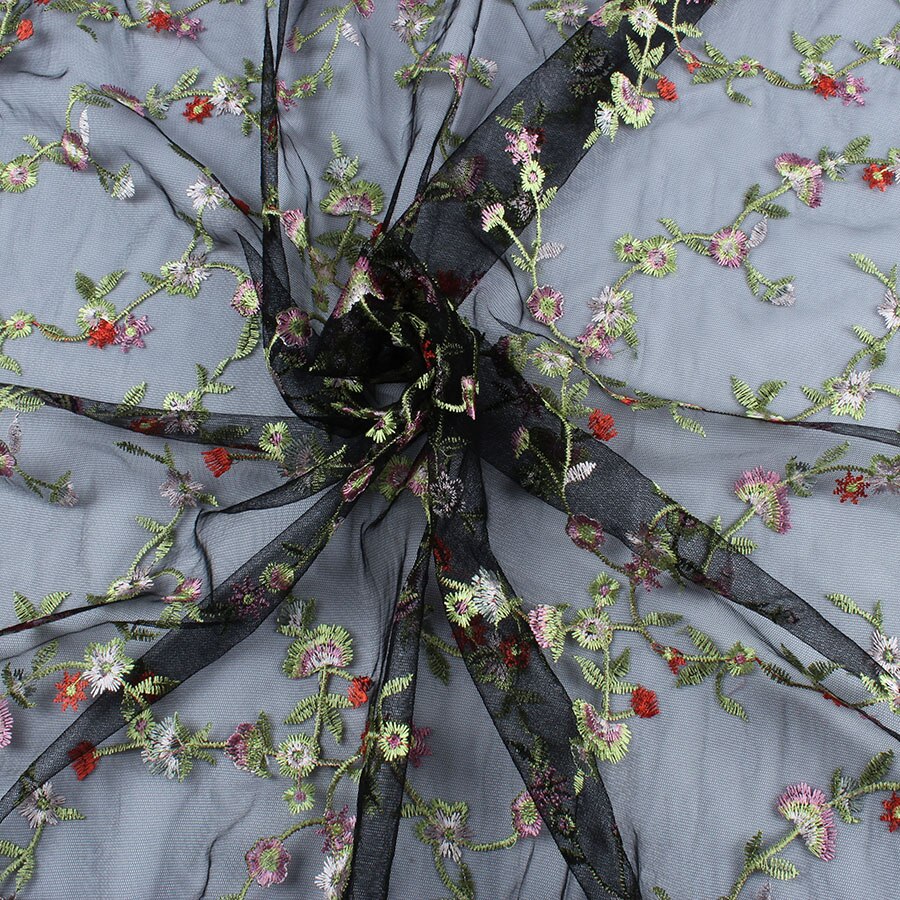 Flower Embroidered Net Yarn Fabric African Wedding Tulle Floral Lace Fabric Diy Craft Patchwork By Yard: No.7 - black net