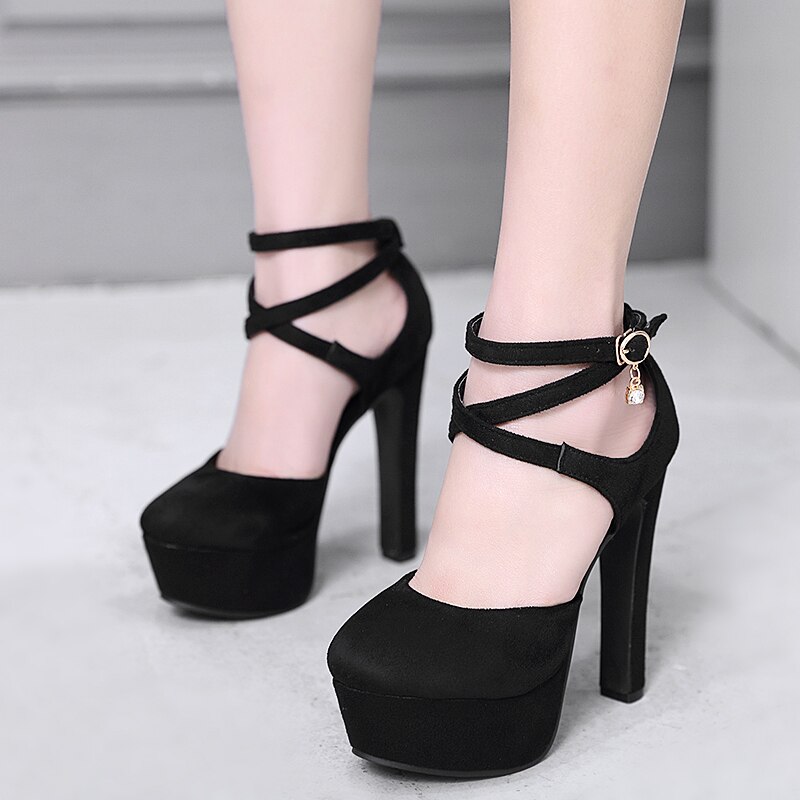 Niufuni 14cm ultra hoge hakken zoete ronde neus platform pumps flock kruisgeknoopte dames sandalen zomerschoenen vrouw