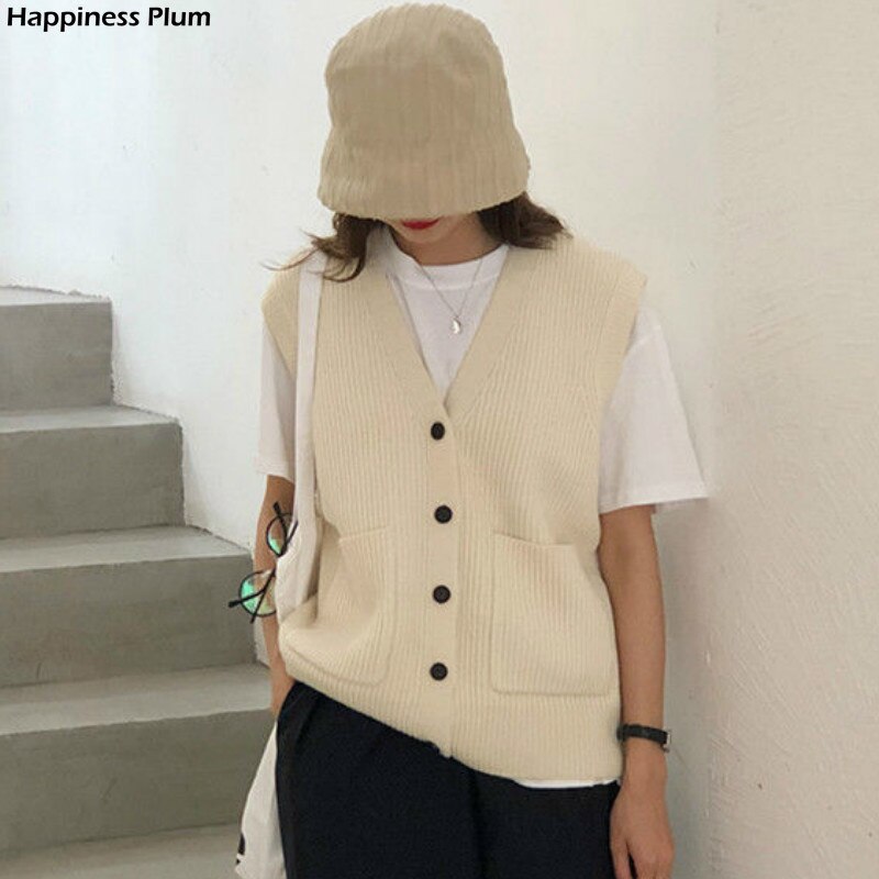 Suéter de punto para mujer, chaleco suave y elástico básico sencillo de uso diario con cuello de pico, liso de punto abierto, ropa de calle femenina, Vintage coreana, combina con todo