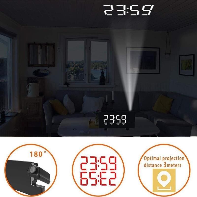 Led Digital Alarm Clock Fm Radio Time Projector Snooze Desktop Wake Up Watch Usb Projection Electronic Curved Double Table Clock