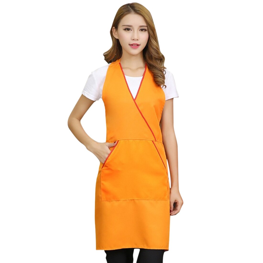 Denim Kitchen Aprons for Chef Work Clothes Cooking Baking Bar Apron with Pockets Cafes Beauty Nails Bibs Studios Uniform: Orange Apron